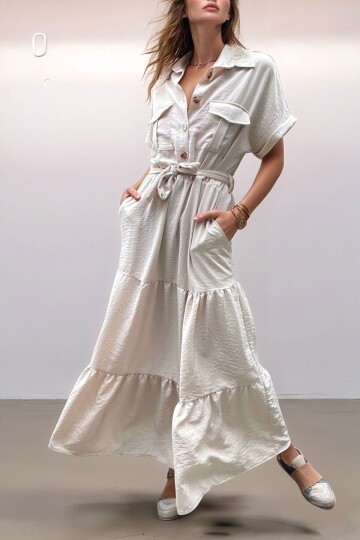 Bej Yarım Patlı Eteği Piliseli Kendinden Kemerli Salaş Elbise