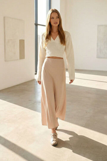 Bej Yüksek Bel Basic Saten Etek BCHCA-251231