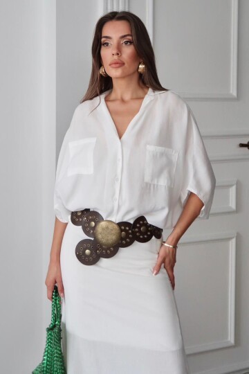 Beyaz Çift Cepli Yarasa Kol Gömlek BCRU-261296