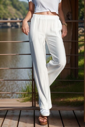 Beyaz Keten Beli Lastikli Salaş Pantolon