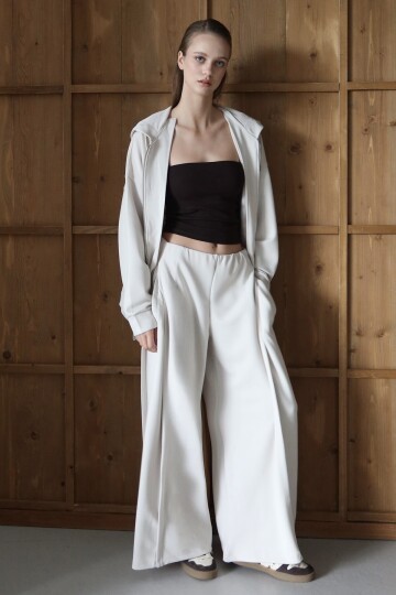 Beyaz Yüksek Bel Çift Cepli Palazzo Dokuma Pantolon BCRU-261309