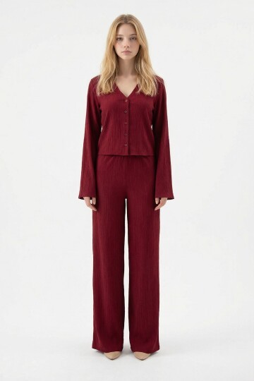 Bordo Geniş Kol Düğme Detaylı Yakalı Bluz Ve Palazzo Pantolon Alt Üst Takım BCHN-2626136