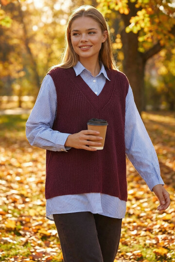 Bordo Gömlek Detaylı V Yaka Triko Süveter Bluz BCHPK-251251