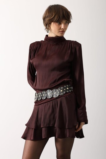 Bordo Kemer Detaylı Saten Mini Etek BCRY-261280