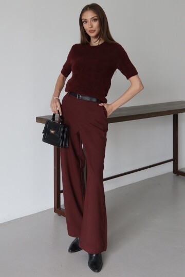 Bordo Kemerli Çift Cepli Palazzo Pantolon