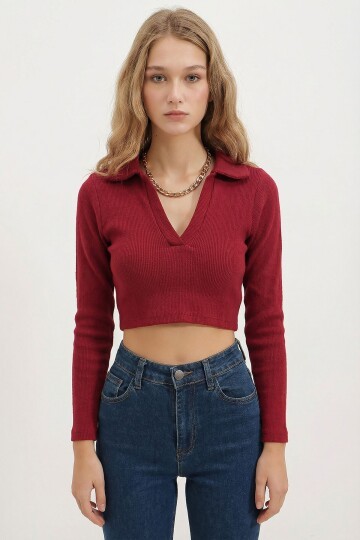 Bordo Polo Yaka Fitilli Yumuşak Dokulu Crop Bluz