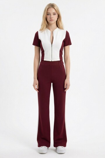 Bordo Renk Bloklu Fermuarlı Yumuşak Dokulu Kumaş Eşofman Takımı BCHN-2626953TK