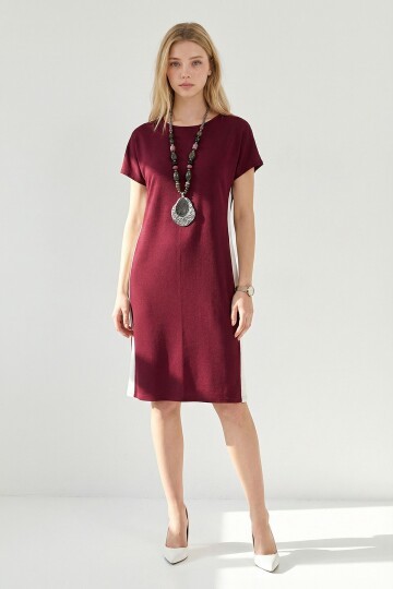 Bordo Yanları Beyaz Şeritli Modal Kumaş Elbise