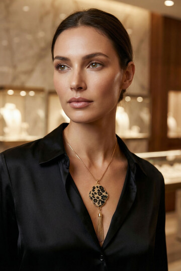 Çelik Süet Leopar Desenli Uzun Kolye Kadın Kolye BCYJ-251026