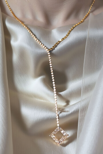 Çelik Zirkon Taşlı Su Yolu Y Kadın Kolye Gold 14K Renk BCYJ-251020