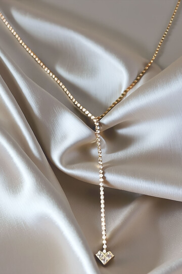 Çelik Zirkon Taşlı Su Yolu Y Kadın Kolye Gold 14K Renk BCYJ-251020