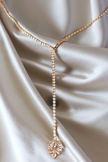 Çelik Zirkon Taşlı Su Yolu Y Kadın Kolye Gold 14K Renk BCYJ-251020