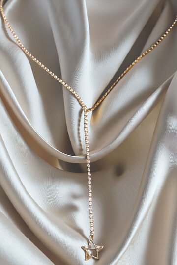 Çelik Zirkon Taşlı Su Yolu Y Kadın Kolye Gold 14K Renk BCYJ-251020