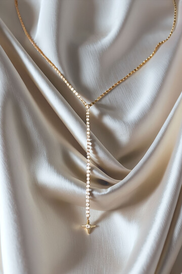 Çelik Zirkon Taşlı Su Yolu Y Kadın Kolye Gold 14K Renk BCYJ-251020