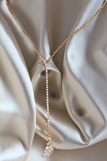 Çelik Zirkon Taşlı Su Yolu Y Kadın Kolye Gold 14K Renk BCYJ-251020