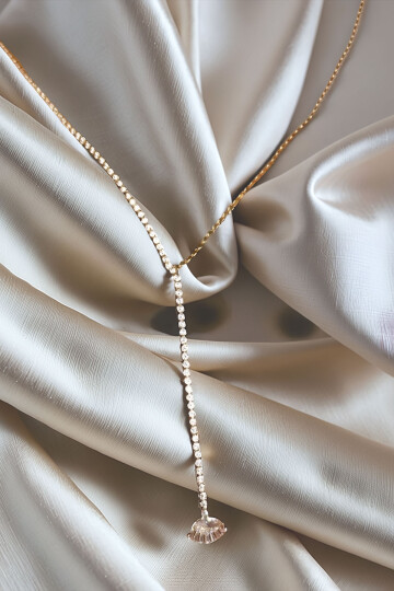 Çelik Zirkon Taşlı Su Yolu Y Kadın Kolye Gold 14K Renk BCYJ-251020