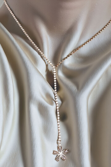 Çelik Zirkon Taşlı Su Yolu Y Kadın Kolye Gümüş Renk BCYJ-251019