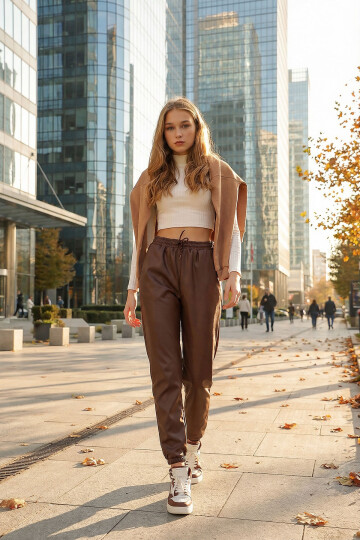 Çikolata Çift Cepli Bel Ve Bilek Lastikli İçi Şardonlu Casual Suni Deri Pantolon BCHYL-251226