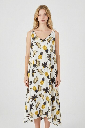 Ekru Askılı Boncuk Detaylı Çift Cepli Desenli Salaş Elbise