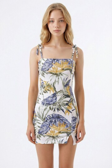 Ekru Askılı Yırtmaçlı Detaylı Desenli Mini Elbise