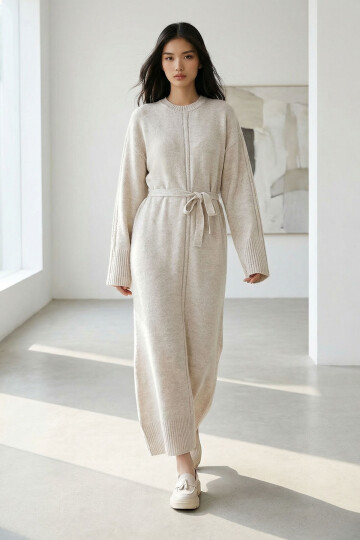 Ekru Bisiklet Yaka Kuşak Bağlamalı Uzun Triko Elbise BCHPK-251242