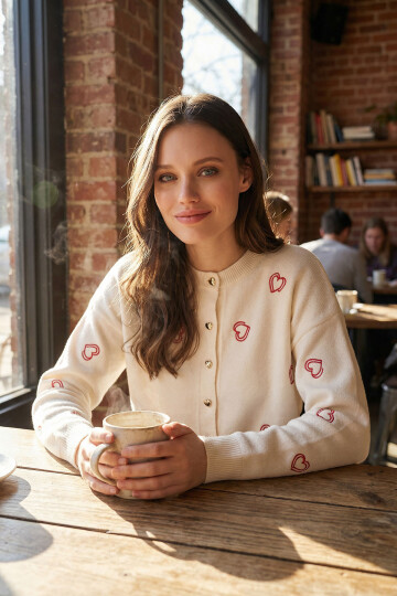 Ekru Düğmeli Kalp Nakışlı Kışlık Triko Hırka BCVL-25T3245