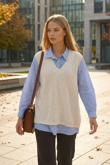 Ekru Gömlek Detaylı V Yaka Triko Süveter Bluz BCHPK-251251