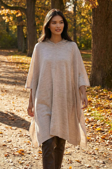 Ekru Kapüşonlu Yırtmaçlı Triko Panço BCHPK-251245