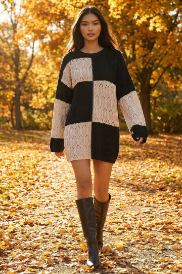 Ekru Siyah Bisiklet Yaka Desenli Mini Triko Elbise BCHPK-251244