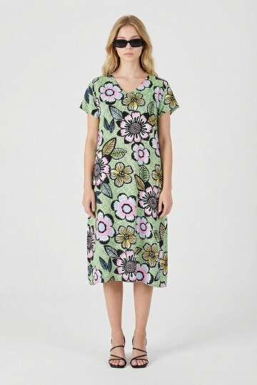 Fıstık Yeşili Derin V Yaka Çiçek Desenli Midi Boy Elbise