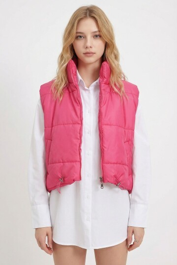 Fuşya Dik Yaka Çift Cepli Full Dolum Beli Ayarlanabilir Şişme Yelek