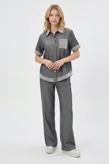 Gri File Detaylı Tensel Kot Kumaş Gömlek Ve Pantolon Alt Üst Takım BCHN-2626109