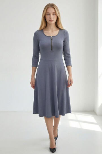 Gri Göğüs Fermuar Detaylı Eteği Fırfırlı Modal Kumaş Elbise