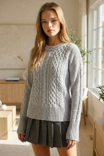 Gri Kalın Örgü Desenli Bisiklet Yaka Triko Kazak BCHPK-251250