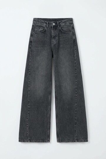 Gri Yüksek Bel 5 Cepli Baggy Jean