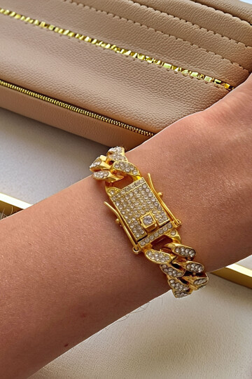 Gurmet Bileklik 14 K Altın Kaplama Kalın Zincir Bileklik Kilit Kuyumcu Model BCYJ-251013