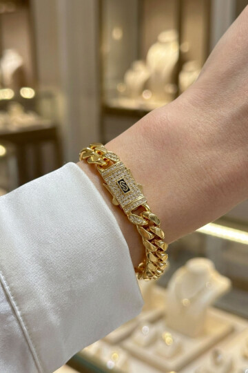 Gurmet Bileklik 14 K Altın Kaplama Kalın Zincir Bileklik Kilit Kuyumcu Monaco Model BCYJ-251013