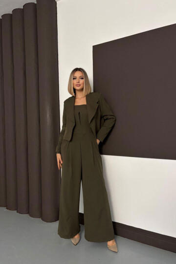 Haki Dokuma Ceket Ve Çift Cepli Straplez Tulum İkili Takım BCHN-254004