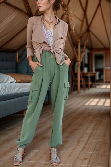 Haki Keten Yanları Cepli Paçası Lastikli Safari Pantolon