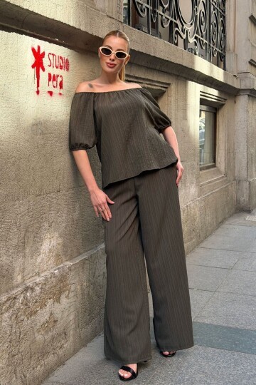 Haki Madonna Yaka Kendinden Dokulu Alt Üst Takım 