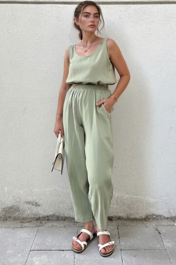 Haki Müslin Beli Lastikli Cepli Salaş Pantolon