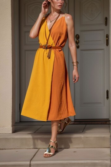 Hardal Hasır Askılı Kruvaze Color Block Airobin Elbise