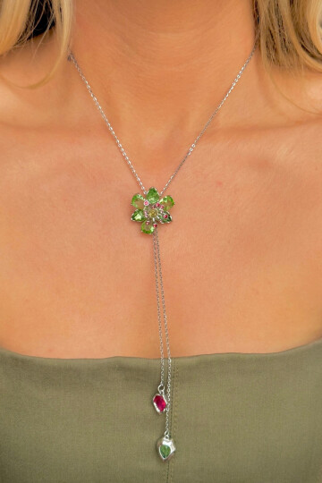 Idyllia Kolye Yeşil Çiçek Asansörlü Y Kolye Silver BCYJ-251027