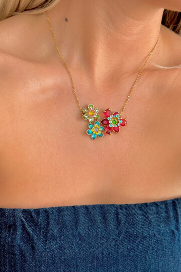 Idyllia Kolye Yeşil Pembe Mavi Çiçek Kolye Gold BCYJ-251027