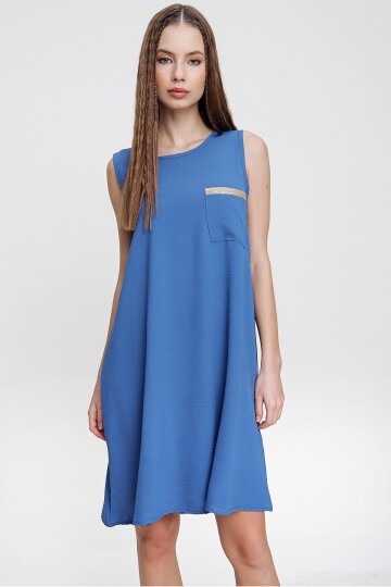 İndigo Cebi Hasır Detaylı A Kesim Airobin Elbise