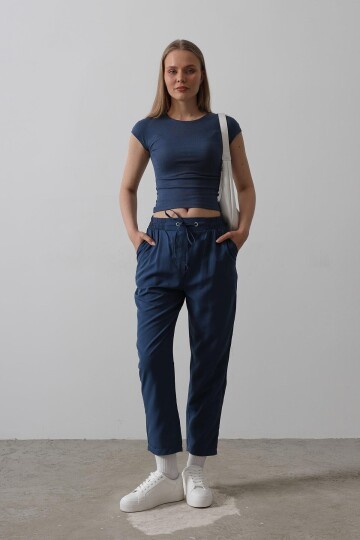 İndigo Çift Cepli Beli Lastikli Bağlama Detaylı Pantolon BCRY-261289