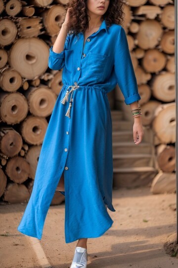 İndigo Keten Beli Büzgülü Hasır Kemerli Gömlek Elbise