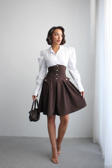 Kahve Pileli Çizgili Dokuma Gömlek Elbise BCHN-2526115