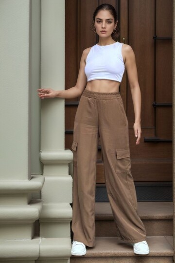 Kahve Yanı Cepli Beli Lastikli Bol Paça Salaş Pantolon