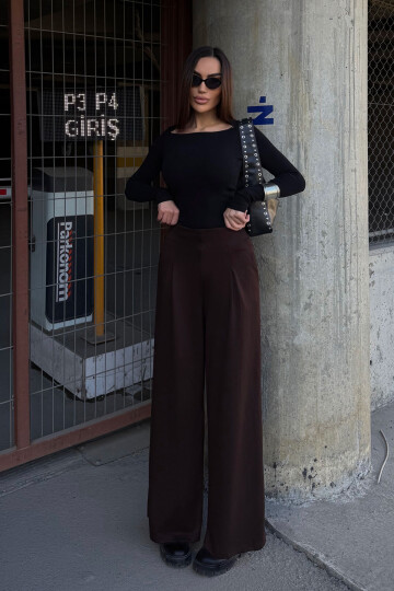 Kahverengi Cepli İspanyol Paça Ultra Soft Kumaş Pantolon  BCDF-25P0001